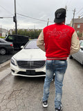 Product of the Streets LEATHER SLEEVES Varsity Jacket (Red/Tan)