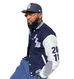 Product of the Streets LEATHER SLEEVES Varsity Jacket (Yankee Blue/White)