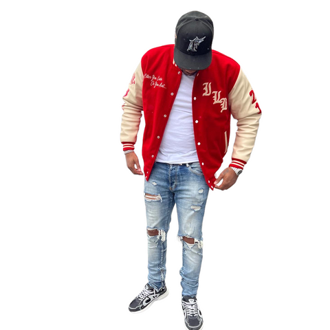 Product of the Streets LEATHER SLEEVES Varsity Jacket (Red/Tan)